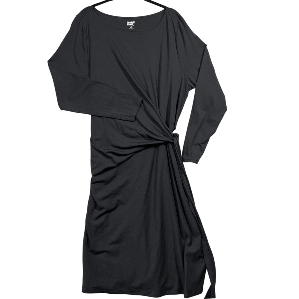 LANDS' END Women's Faux Wrap Dress Size 1x (16-18) Black‎ Long Sleeve Classic